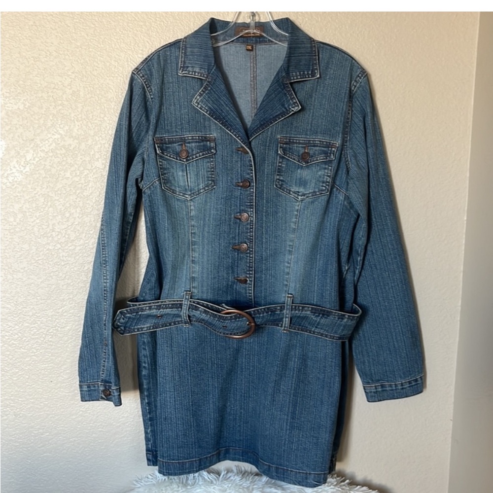 Vintage Encore Denim Plus Jean Mini Women's shirt Dress Belted Sz 2XL